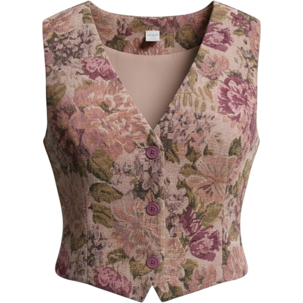 Vintage Inspired Floral Tapestry Vest Women Pink Mauve Woven V-Neck Button Vest